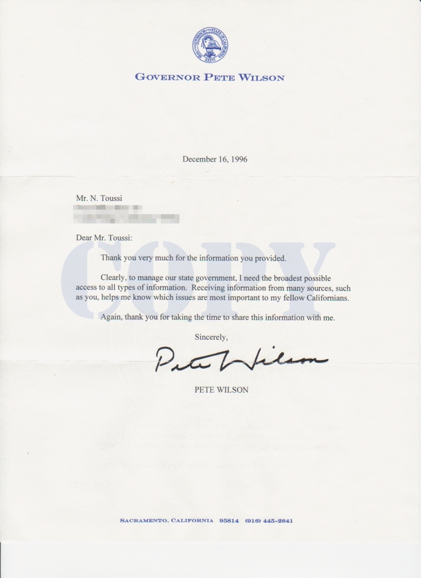 Governor Pete Wilson letter